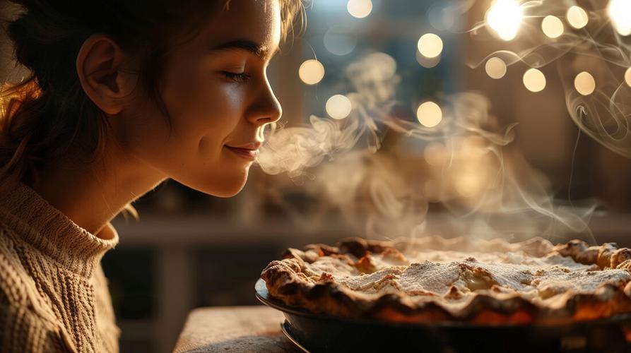 a woman savors the warm steam of a freshly baked pie, expression peaceful and joyful, enveloped in the comforting scent of home-baked goodness.