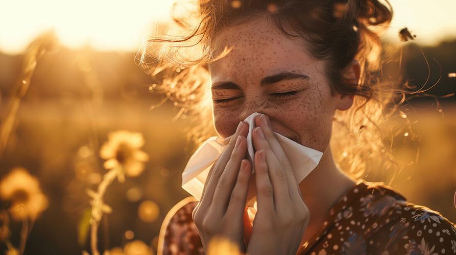 woman with pollen allergies with freckles sneezing outdoors
