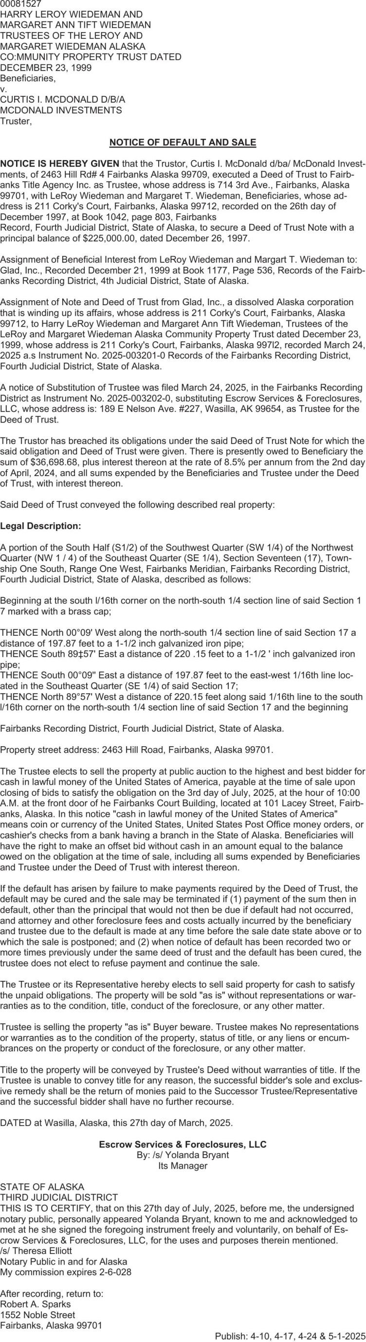 00081527 NOTICE OF DEFAULT AND SALE